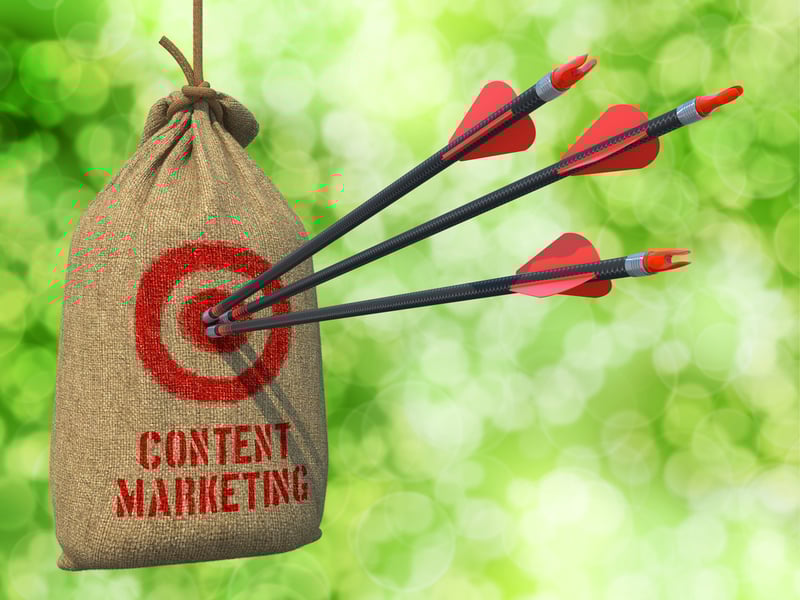 Content Marketing - Three Arrows Hit in Red Target on a Hanging Sack on Natural Bokeh Background. Content Marketing - Three Arrows Hit in Red Target on a Hanging Sack on Natural Bokeh Background.
